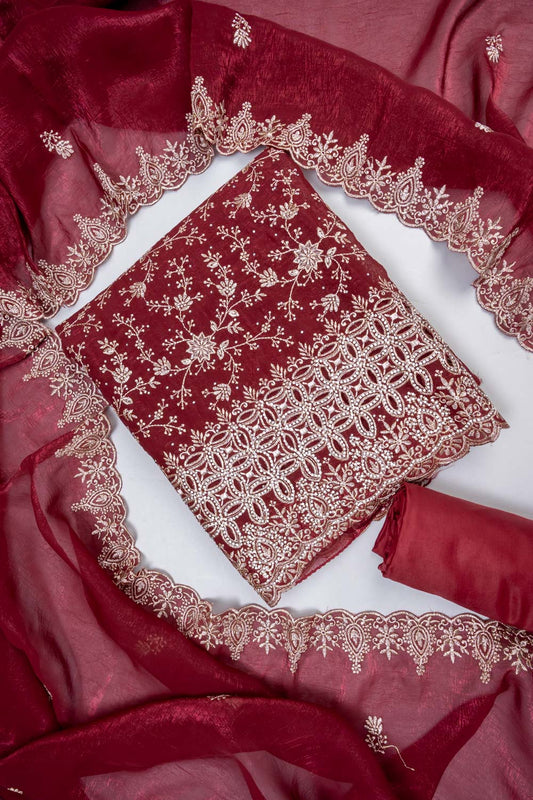 Wine Tissue Unstitched Salwar Suit With Tissue Dupatta