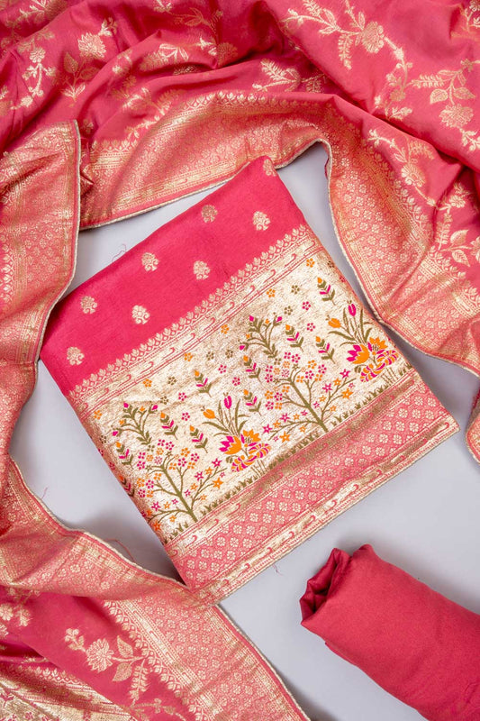 Gajari Dola Banarasi Woven Zari Unstitched Salwar Suit With Dola Silk Dupatta
