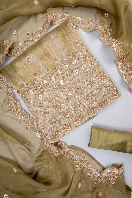 Pista Organza Unstitched Salwar Suit With Organza Dupatta