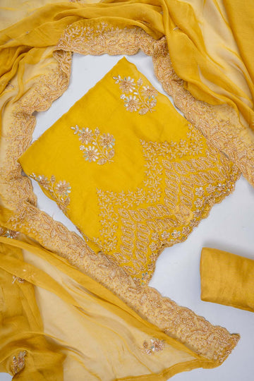 Pista Organza Unstitched Salwar Suit With Chiffon Dupatta