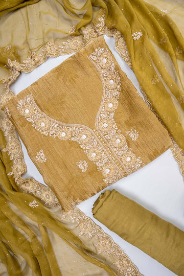 Mehendi Shimmer Tissue Unstitched Slawar Suit With Chiffon Dupatta