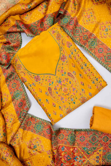 Raw Elegance Mustard Dola Unstitched Salwar Suit With Dola Dupatta