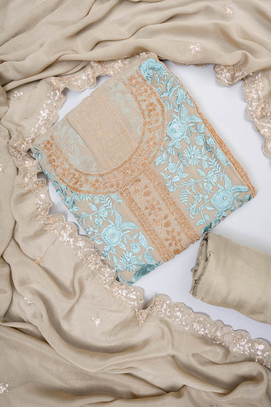 Olive Georgette Unstitched Salwar Suit With  Georgette Dupatta
