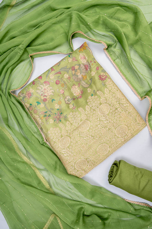 Soft Heritage Pista Shimmer Banarasi Woven Zari Unstitched Salwar Suit With Chiffon Dupatta