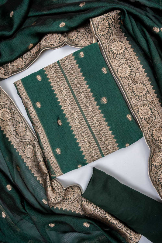 Regal Charm Bottle Green Banarasi Silk Banarasi Woven Zari Unstitched Salwar Suit With Banarasi Silk Dupatta