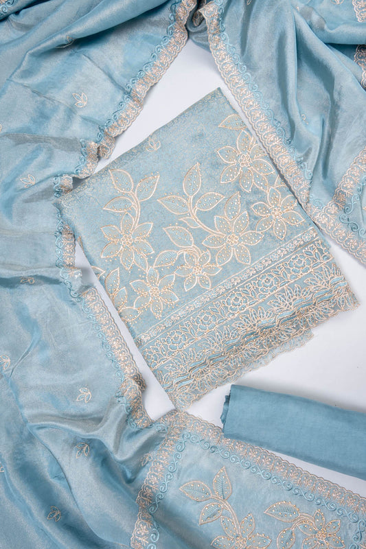 Grey Banarasi Silk Unstitched Salwar Suit With Banarasi Silk Dupatta