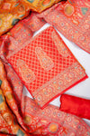 Raw Elegance Mustard Red Khaddi Georgette Banarasi Woven Zari Unstitched Salwar Suit With Dola Silk Dupatta