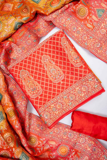 Raw Elegance Mustard Red Khaddi Georgette Banarasi Woven Zari Unstitched Salwar Suit With Dola Silk Dupatta