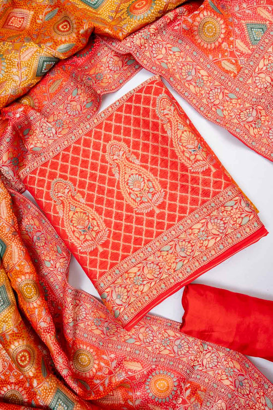 Raw Elegance Mustard Red Khaddi Georgette Banarasi Woven Zari Unstitched Salwar Suit With Dola Silk Dupatta