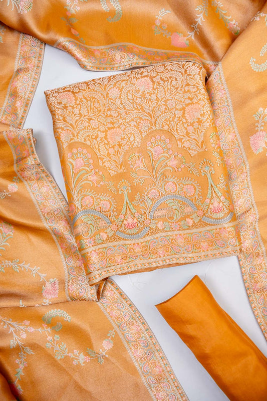 Raw Elegance Mustard Banarasi Silk Banarasi Woven Zari Unstitched Salwar Suit With Banarasi Silk Dupatta