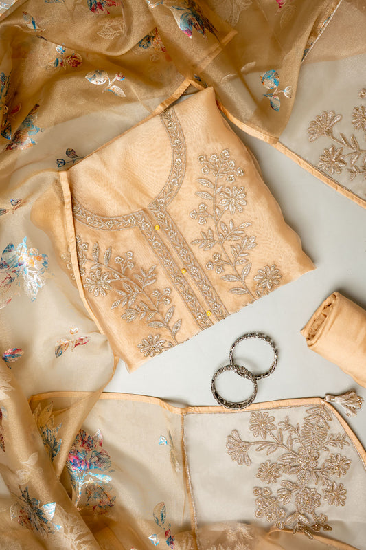 Timeless Beauty Tussar Organza Unstitched Salwar Suit With Organza Dupatta