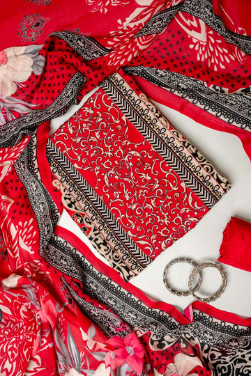 Grace Redefind Red Black Crepe Unstitched Salwar Suit With Crepe Dupatta