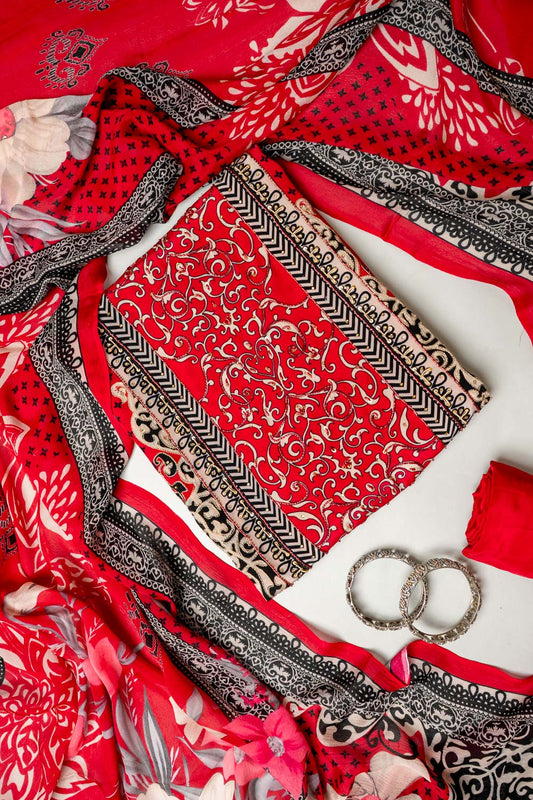Grace Redefind Red Black Crepe Unstitched Salwar Suit With Crepe Dupatta