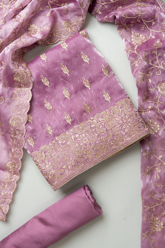 Delicate And Dreamy Mauve Unstitched Organza Salwar Kameez With Organza Dupatta