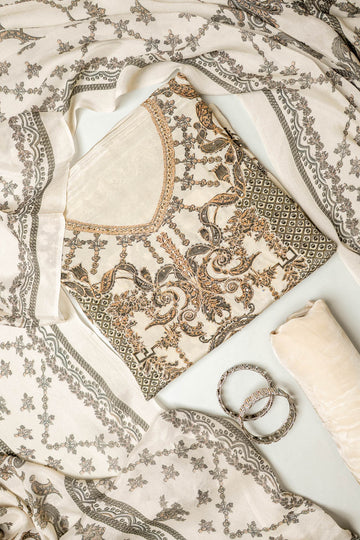 Effortlessly Beautyful Off White Crepe Unstitched Salwar Suit With Georgette Dupatta