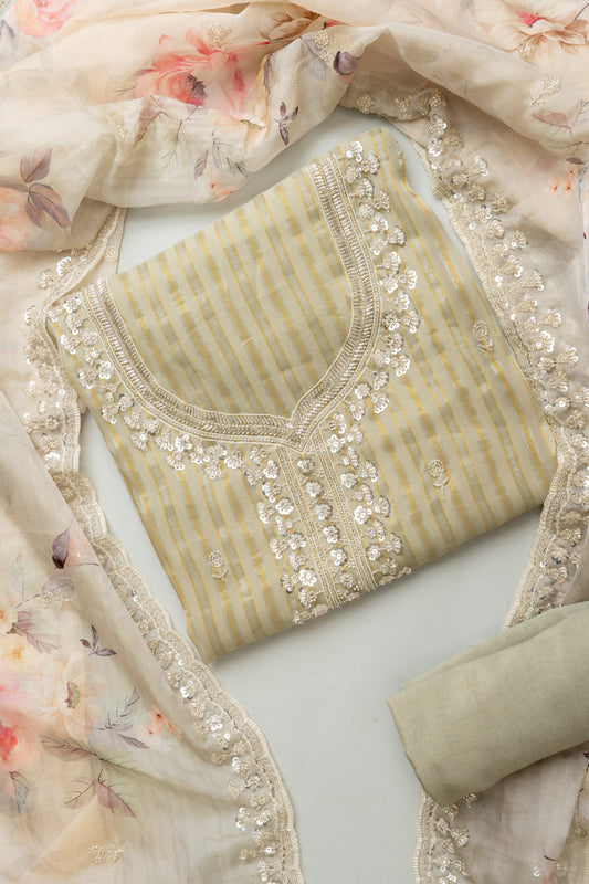 Unveil Timeless Grace Olive Organza Unstitched Salwar Kameez With Organza Floral Dupatta