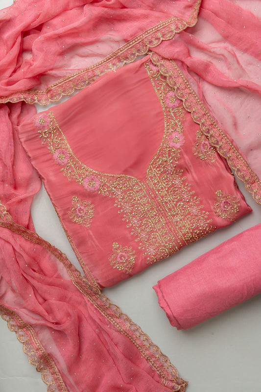 Glow Different In Gajari Crepe Unstitched Salwar Kameez With Chiffon Dupatta