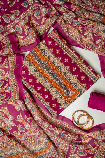 Magenta Crepe Unstitched Salwar Suit With Crepe Dupatta