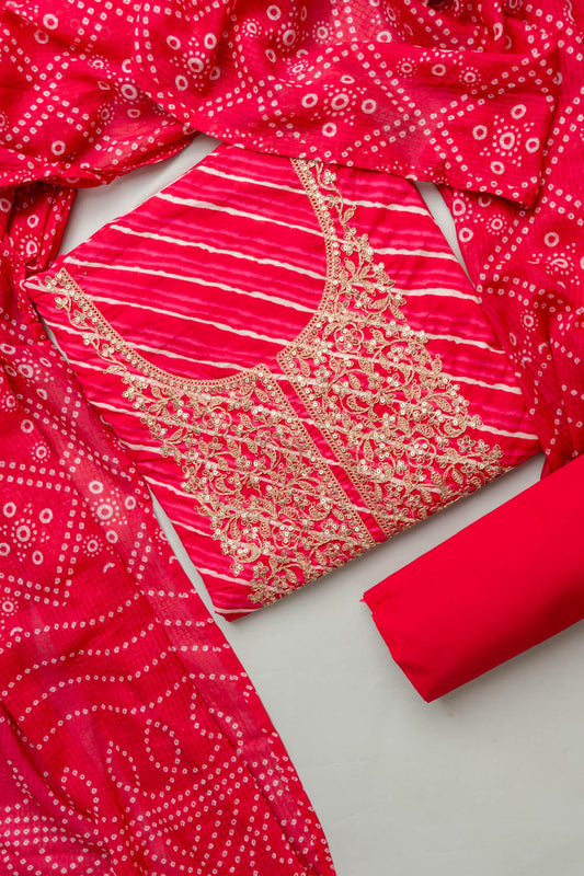 Bright Yet Balanced Coral Unstitched Cotton Salwar Kameez With Cotton Dupatta