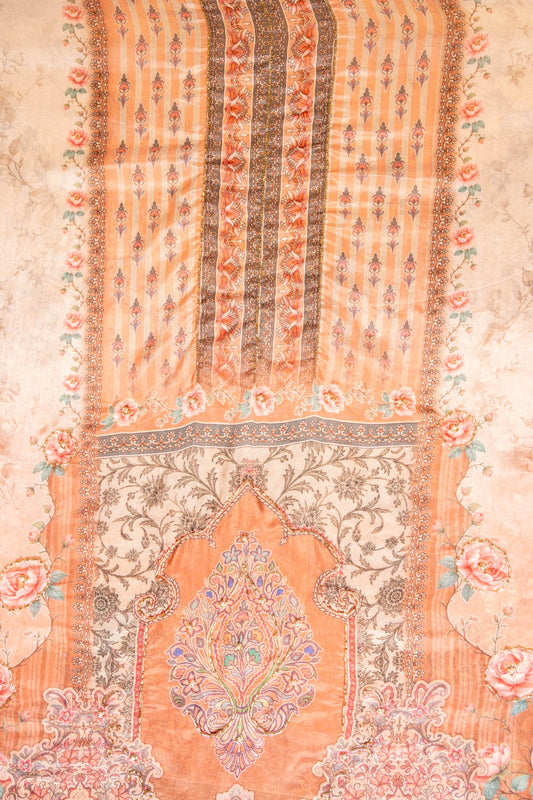 Peach Mirror Sheet, Threadwork & Digital Printed Cotton Unstitched Salwar Suit With Chiffon Dupatta
