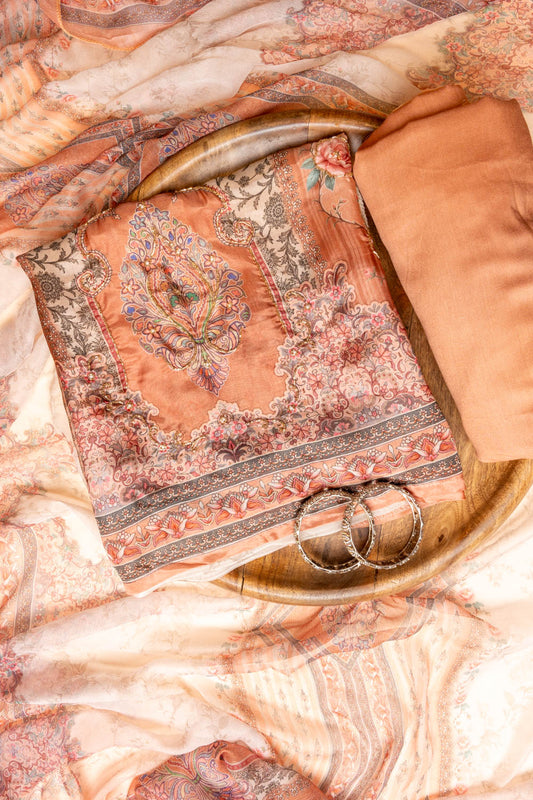 Peach Mirror Sheet, Threadwork & Digital Printed Cotton Unstitched Salwar Suit With Chiffon Dupatta