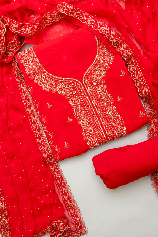 Grace Redefined Red Crepe Unstitched Salwar Kameez & Chiffon Dupatta