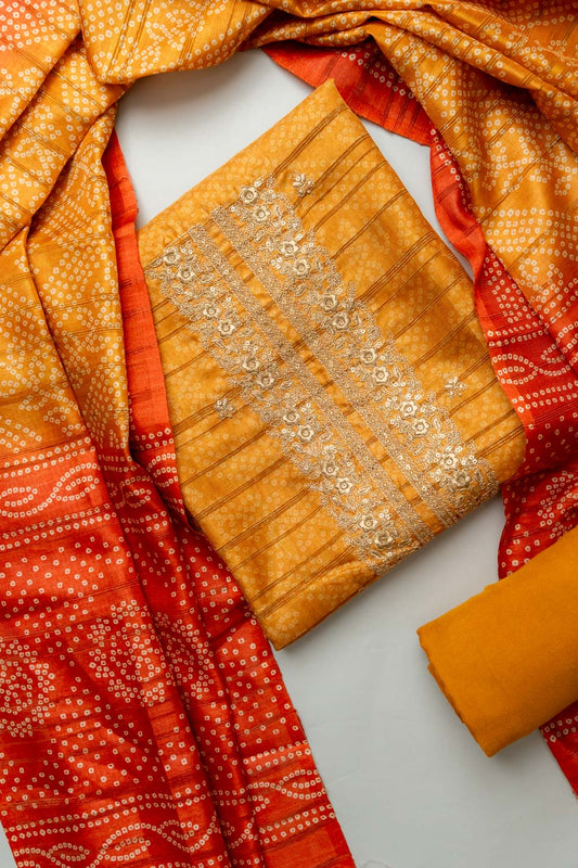 Sunshine Charm Mustard Unstitched Cotton Salwar Kameez With Cotton Dupatta