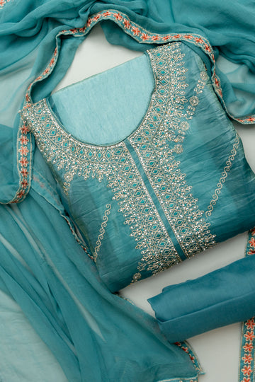 Draped In Elegance Grey Crepe Unstitched Salwar Kameez With Chiffon Dupatta