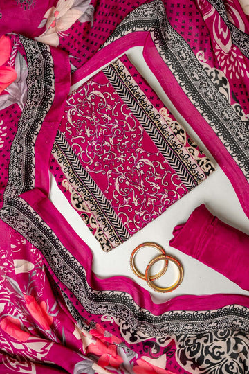 Bold Statement Black Magenta Crepe Unstitched Salwar Suit With Crepe Dupatta