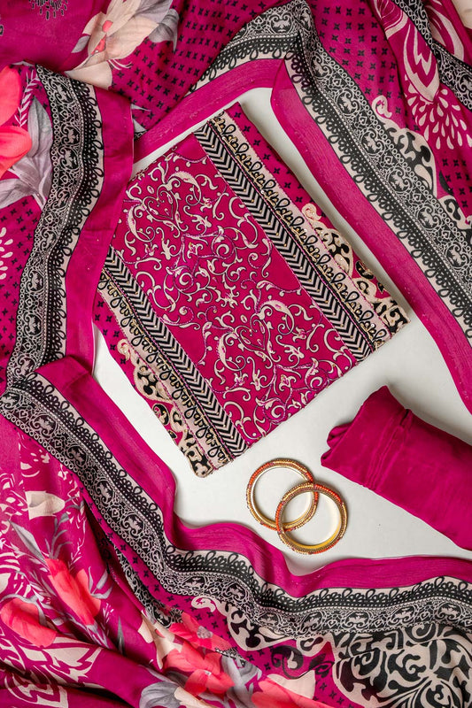Bold Statement Black Magenta Crepe Unstitched Salwar Suit With Crepe Dupatta