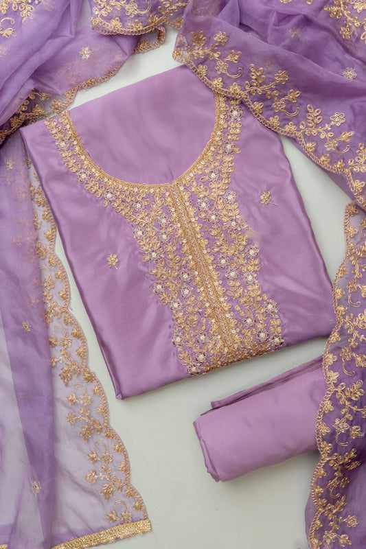 Delicate And Dreamy Mauve Crepe Unstitched Salwar Kameez & Organza Dupatta