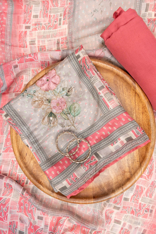 Grey Gajari Mirror Sheet, Threadwork & Floral Printed Cotton Unstitched Salwar Suit With Chiffon Dupatta