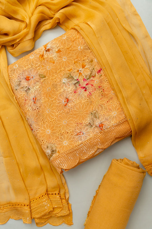 Panna Sunshine Charm Mustard Unstitched Organza Salwar Kameez With Chiffon Dupatta