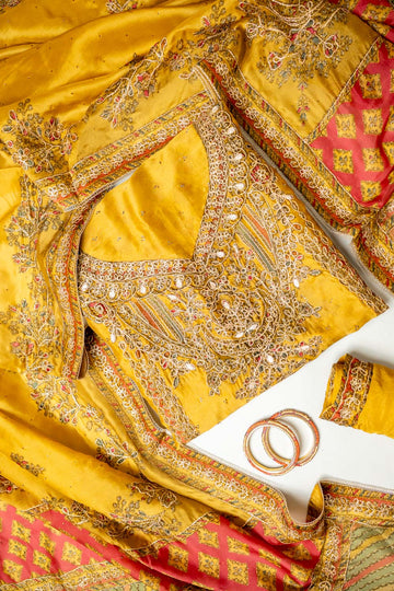 Raw Elegance Mustard Organza Unstitched Salwar Suit With Organza Dupatta