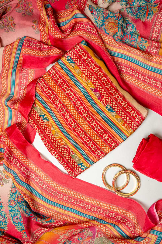 Timeless Beauty Tussar Red Crepe Unstitched Salwar Suit With Crepe Dupatta