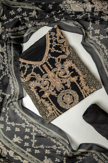 Bold Statement Black Crepe Unstitched Salwar Suit With Georgette Dupatta