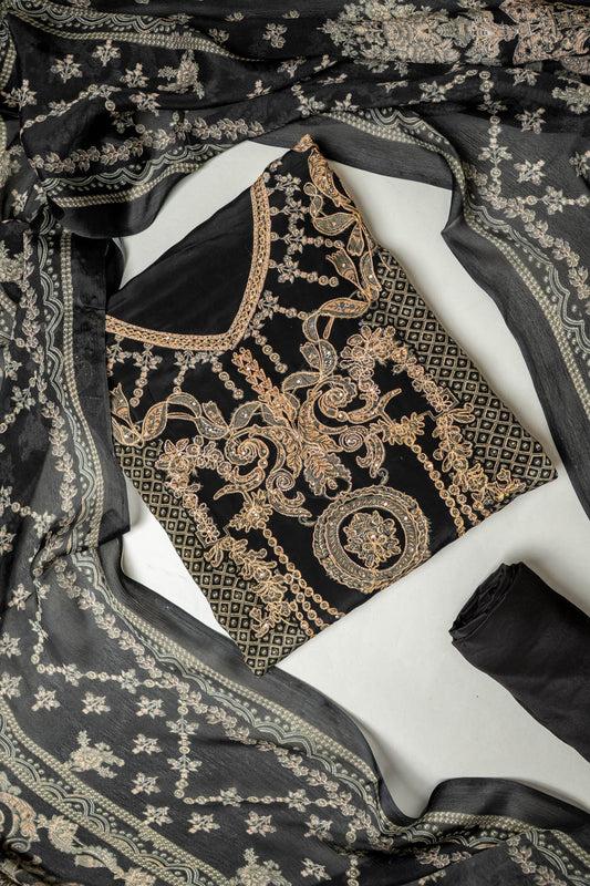 Bold Statement Black Crepe Unstitched Salwar Suit With Georgette Dupatta