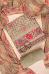 Grey Mirror Sheet, Threadwork & Floral Printed Cotton Unstitched Salwar Suit With Chiffon Dupatta