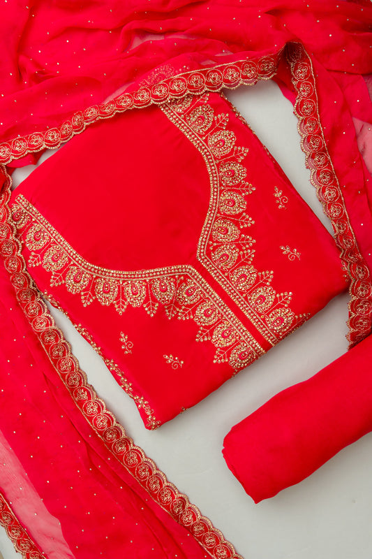 Panna Bright Yet Balanced Coral Unstitched Crepe Salwar Kameez With Chiffon Dupatta