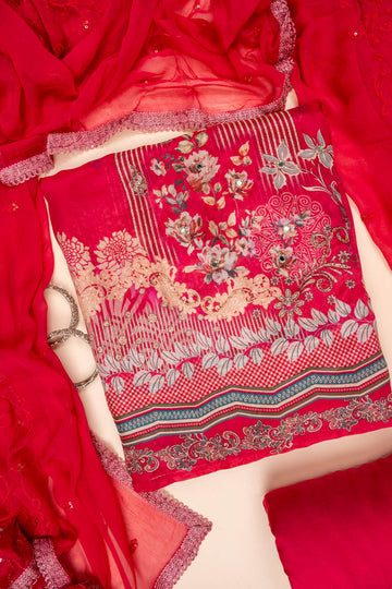 Rani Mirror Sheet, Sequence, Threadwork & Floral Printed Crepe Unstitched Salwar Suit With Chiffon Dupatta