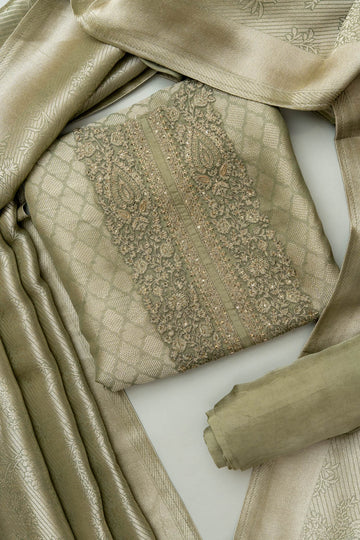 Rooted In Tradition Olive Unstitched Cotton Salwar Kameez With Organza Dupatta