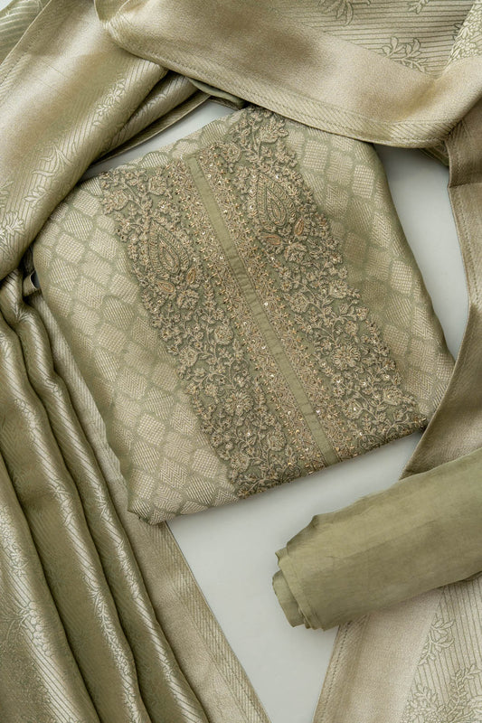 Rooted In Tradition Olive Unstitched Cotton Salwar Kameez With Organza Dupatta
