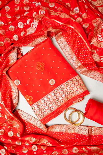 Grace Redefined Red Crepe Unstitched Salwar Suit With Crepe Dupatta