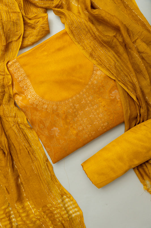 Sunshine Charm Mustard Unstitched Cotton Salwar Kameez With Cotton Dupatta