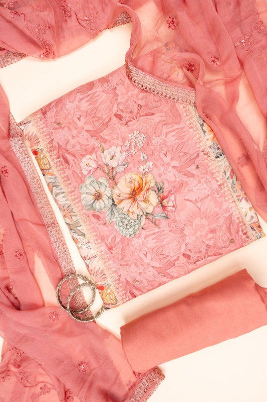 Gajari Mirror Sheet, Sequence, Threadwork & Floral Printed Crepe Unstitched Salwar Suit With Chiffon Dupatta