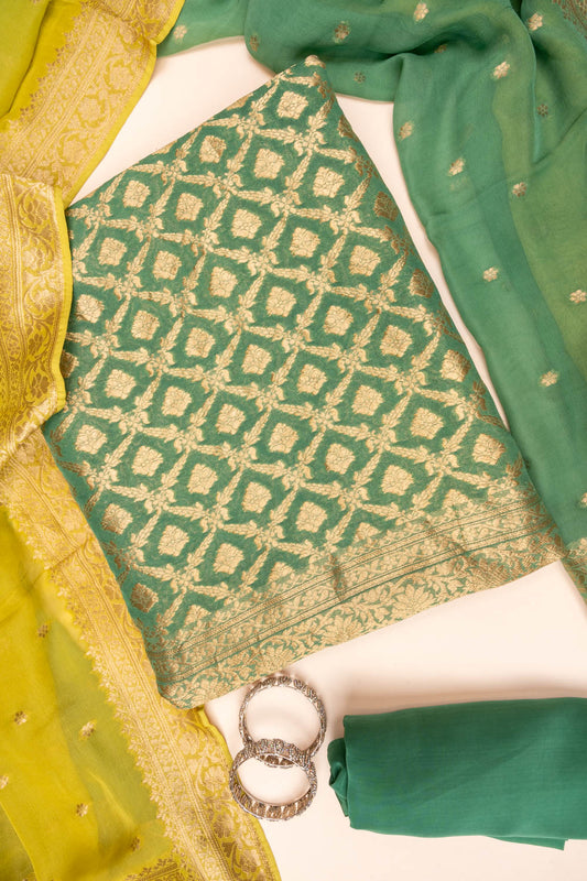 Mint Green Banarasi Woven Zari Khaddi Georgette Unstitched Salwar Suit With Georgette dupatta