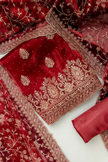 Heritage Heirloom Maroon Organza Unstitched Salwar Kameez With Organza Dupatta