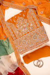 Rust Sequence & Zari Threadwork Crepe Unstitched Salwar Suit With Crepe Dupatta