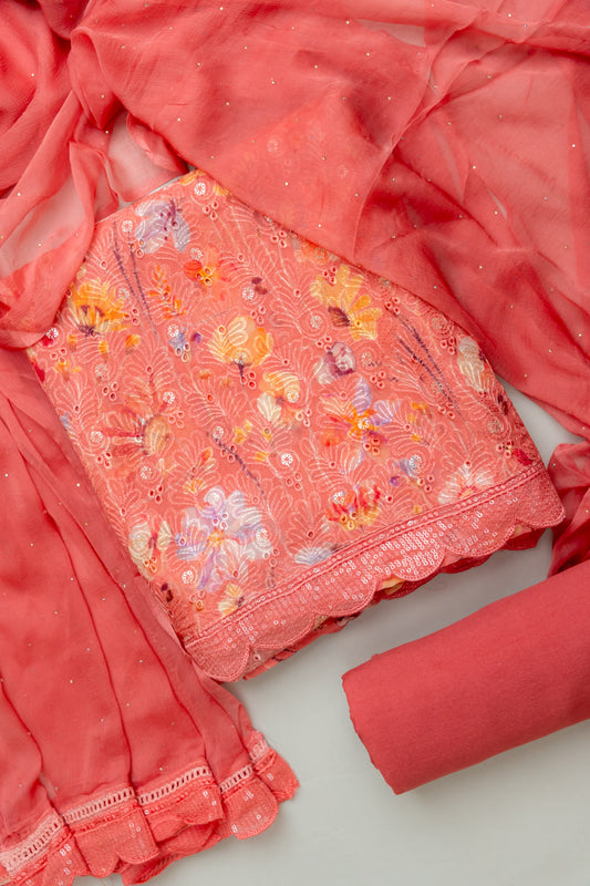 Glow Different In Gajari Unstitched Organza Salwar Kameez With Chiffon Dupatta