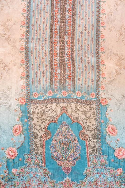 Sky Blue Mirror Sheet, Threadwork & Digital Printed Cotton Unstitched Salwar Suit With Chiffon Dupatta